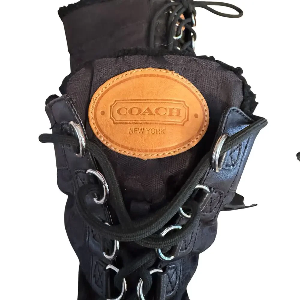 Coach Signature Logo Black Size 7 Laura Lace Up Sherpa Lined Snow Boots
